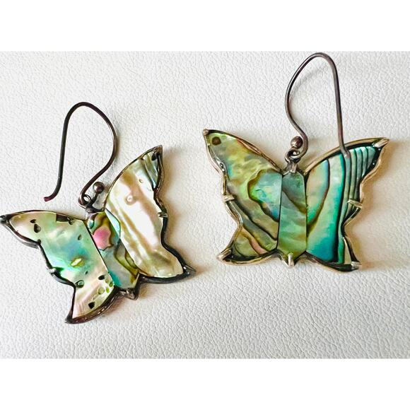Vintage Sterling Silver Butterfly Earrings Abalone Inlay Dangle 925 CFJ Thai - Picture 5 of 10